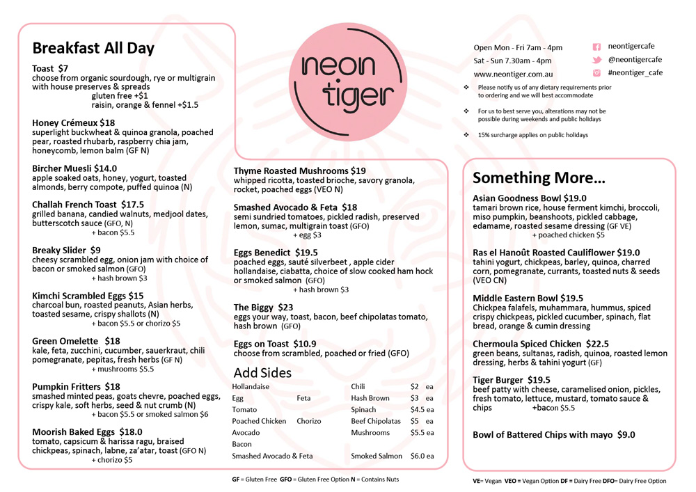 Neon Tiger Menu Neon Tiger Cafe 1252 Malvern Road Malvern