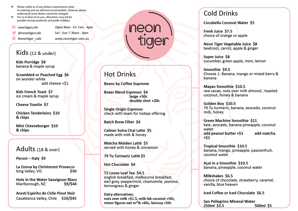 Neon Tiger Menu Neon Tiger Cafe 1252 Malvern Road Malvern