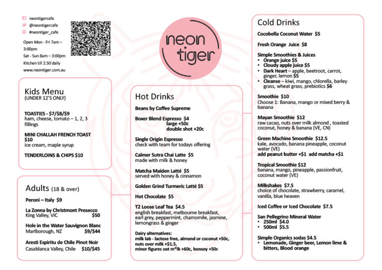 neon tiger menu