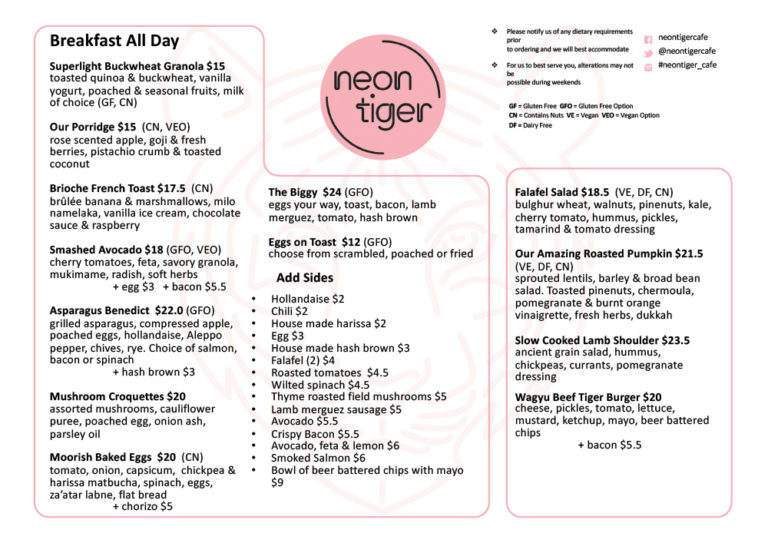 neon tiger menu